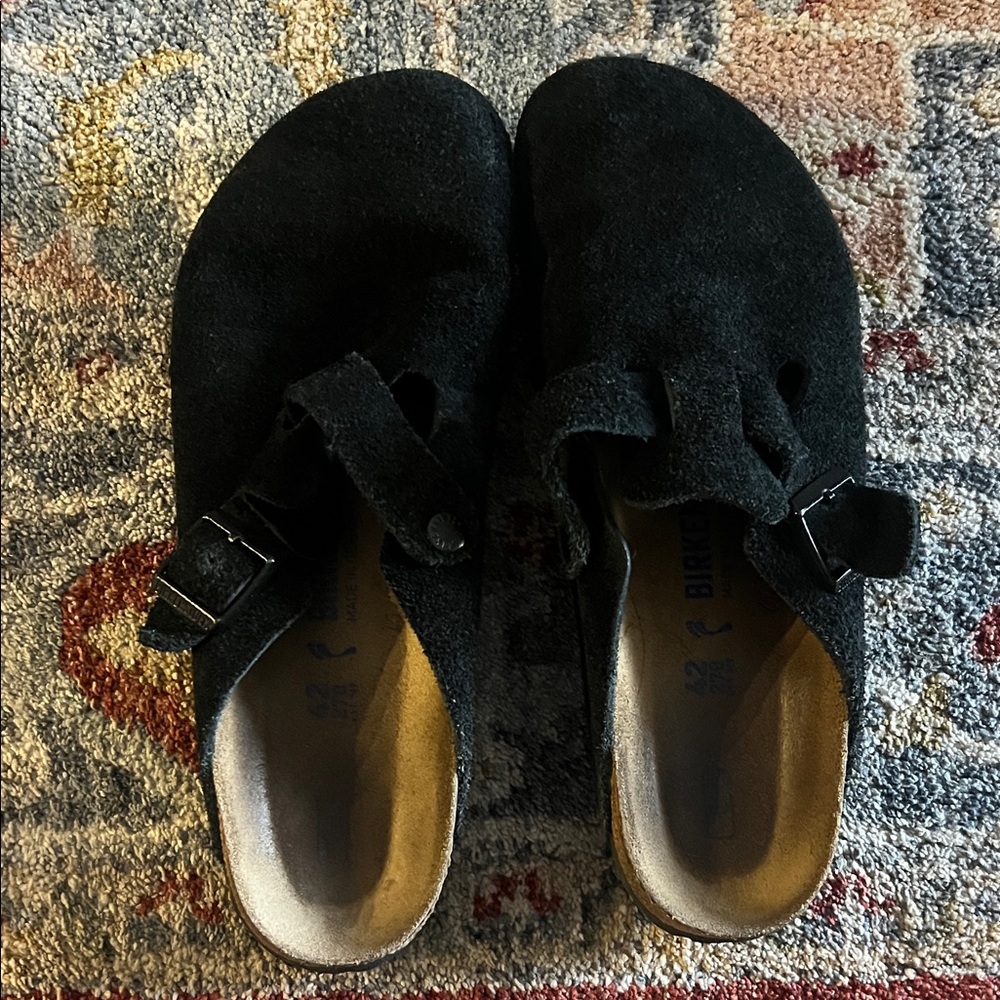 Black Suede Clogs with Buckle